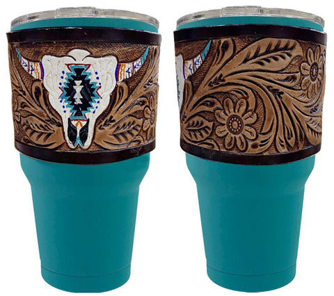 30 oz Insulated Teal Tumbler with Removable Argentina Cow Leather Floral Tooled Sleeve with Painted Skull Design