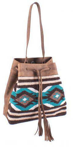 Genuine Leather Teal and Brown Saddle Blanket Bucket Bag