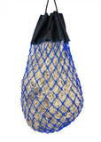 Easy-fill slow feed nylon hay bag with drawstring top closure