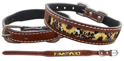 Sunflower and Cheetah Print Leather dog collar