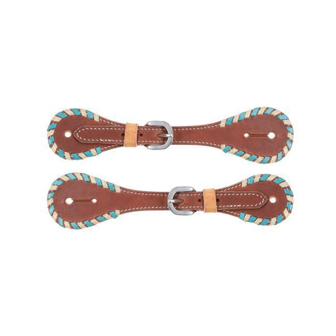 Ladies Argentina Cow Leather Spur Strap with White and Teal Rawhide