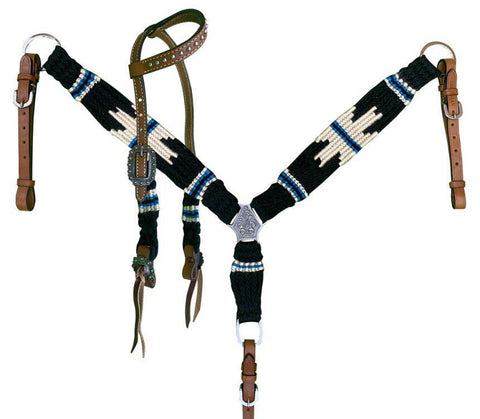 BLACK Pony Size Corded One Ear Headstall & Breast collar set.