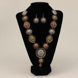 Silver Strike Necklace and Earring Set Flower Concho Silver Gold Copper