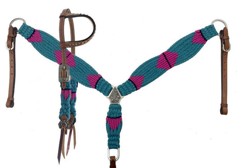 Teal & Pink Corded One Ear Headstall & Breast collar set