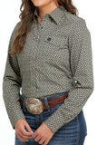 CINCH LADIES GREEN PRINT LONG SLEEVE BUTTON UP