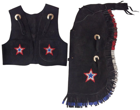 Black kid's size suede leather chap and vest outfit with fringe and glitter stars SIZE MEDIUM