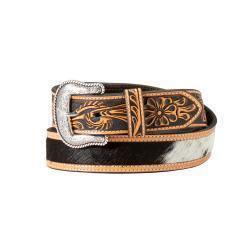 Nocona Mens Belt 1 1/2" Floral Embossed Calf Hair Brown