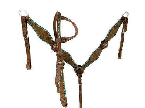 One Ear Chocolate Rough Out Headstall and Breast Collar Set with Teal lacing