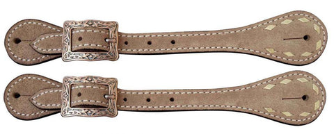Men's Roughout Leather spur straps with natural buckstitch trim.