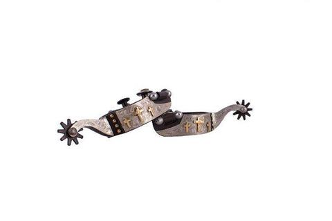 Youth size brown steel spur with brass crosses and brass studs with silver engraved overlay