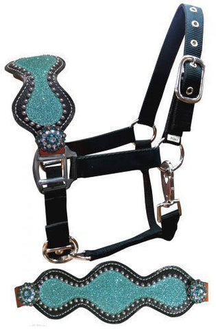 Pony Leather Bronc Halter with Teal Glitter Inlay