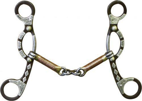 Brown steel sliding gag bit with engraved silver accents
