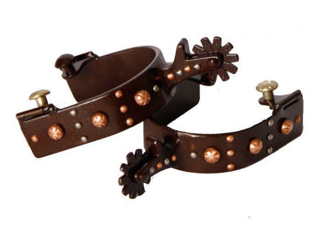 Brown steel spur with engraved copper studs and silver studs