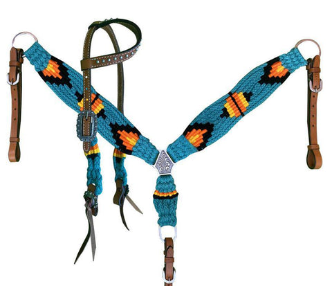 TEAL ORANGE & YELLOW Pony Size Corded One Ear Headstall & Breast collar set.
