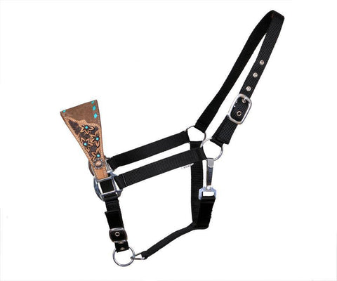 Turquoise Adjustable nylon bronc halter on medium leather with floral tooling and teal buck stitch