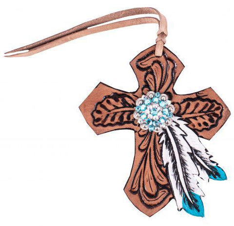 Tie On Leather Cross with Turquoise Feather