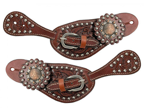 Youth bronze studded spur straps with vintage rosette concho