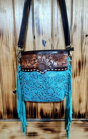 TURQUOISE TOOLED LEATHER PURSE WITH FRINGE