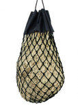 Easy-fill slow feed nylon hay bag with drawstring top closure