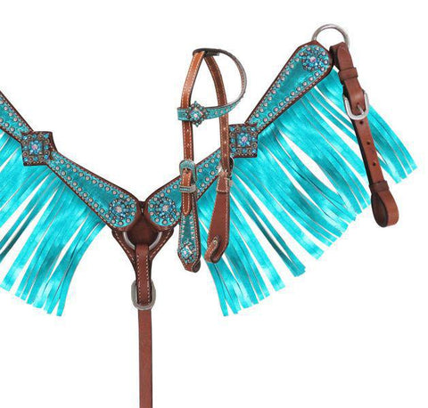 Mini Size Headstall and breast collar set with metallic teal overlay and fringe