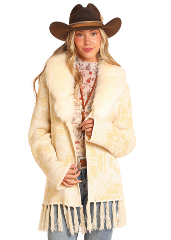 POWDER RIVER OUTFITTERS FRINGE FUR COLLAR CARDIGAN