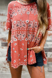 Red Paisley Print Side Slits Crew Neck T Shirt