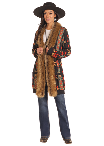 PANHANDLE FUR NECK AZTEC CARDIGAN