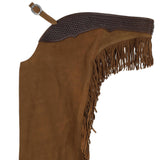 Suede leather chaps with fringe down each leg. Comes with engraved concho in back