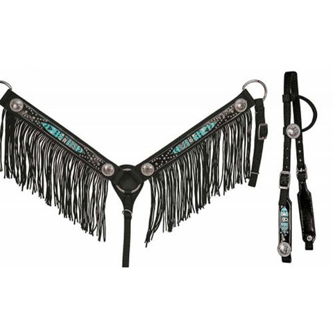 Black and Turquoise Nylon One Ear Headstall and Breastcollar Set