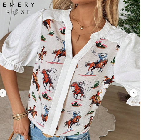 EMERY ROSE Women's Casual Vacation Cowboy Print Splice Notched Neck Shirt