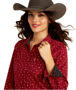 ARIAT LADIES RED CATTLE BRAND PRINT LONG SLEEVE