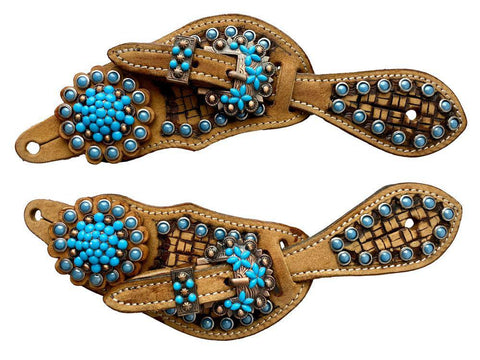 Youth basket weave tooled spur straps with turquoise beading and turquoise concho