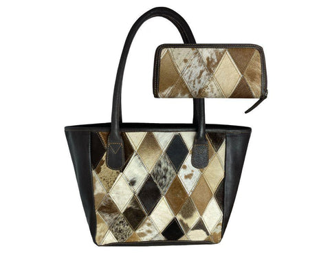 Tri Color Diamond Hair on Cowhide Leather Shoulder Bag and Wallet Set.