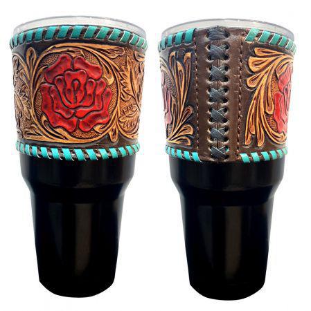 Insulated Black Tumbler with Removable Argentina Cow Leather floral tooled sleeve