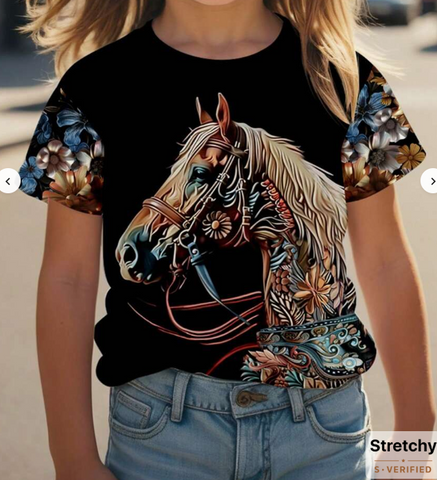 Young Girl Casual Cartoon Horse & Floral Print Round Neck Short Sleeve