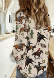 LADIES CASUAL BEIGE BUCKING COWBOY LONG SLEEVE BUTTON UP