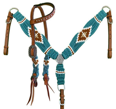 TEAL & TAN Pony Size Corded One Ear Headstall & Breast collar set.