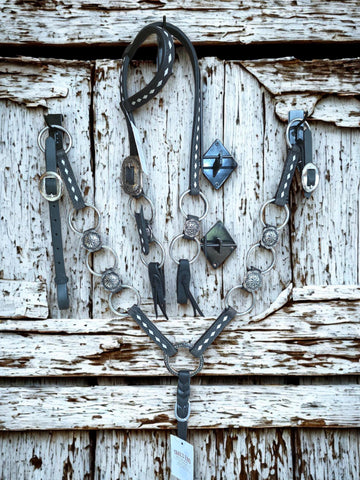 Black with White Buckstitch Ring Set Headstall and Breast Collar Set