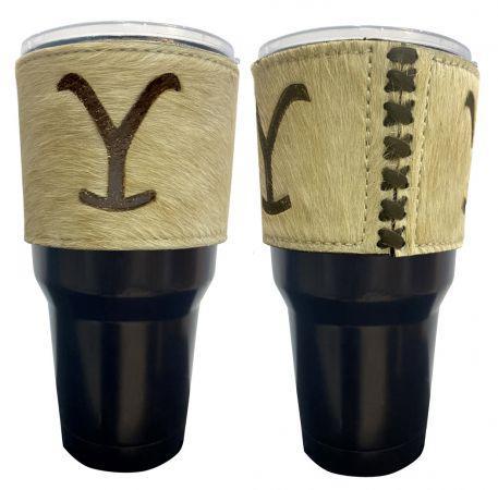 Tumbler with Removable Argentina Cow Leather Cowhide 'Y' Brand Sleeve