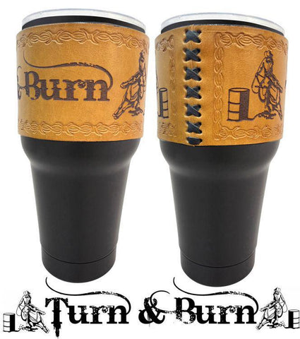 30 oz Insulated Black Tumbler with Removable Argentina Cow Leather 'Turn & Burn' Tooled Sleeve