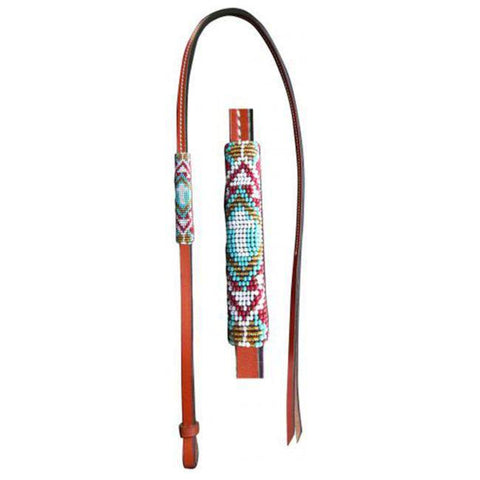 4ft Leather over & under whip with teal, red, and gold cross designed beaded overlay