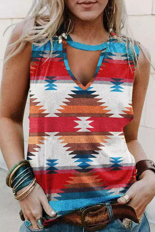 Red Aztec Geometric Print Hollowed Neckline Tank Top