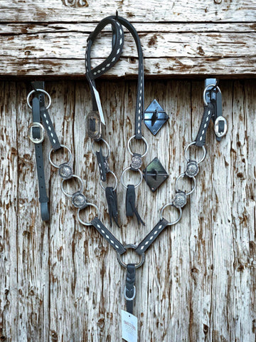 Pony Black w/White Buckstitch Ring Headstall & Breast Collar Set