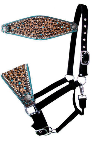 Nylon bronc halter with hair on cheetah print and turquoise leather accent