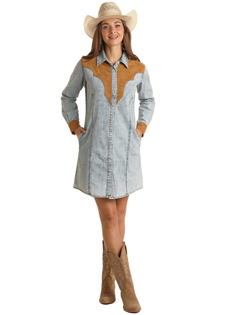 ROCK & ROLL LONG SLEEVE LIGHT WEIGHT DENIM DRESS WESTERN YOKE Trails End Western Wear & Tack ROCK & ROLL LONG SLEEVE LIGHT WEIGHT DENIM DRESS WESTERN YOKE Trails End Western Wear & Tack