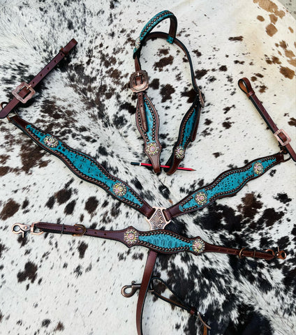 TURQUOISE GATOR PRINT HEADSTALL BREAST COLLAR SET