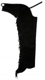 Suede leather chaps with fringe down each leg. Comes with engraved concho in back
