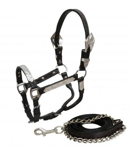 Pony Dark leather show halter with lead
