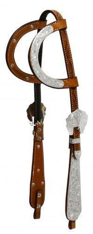 Tooled Argentina cow leather headstall with engraved silver