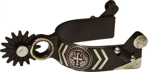 Antique Brown Spur with Silver Engraved Cross Concho and Silver Overlays